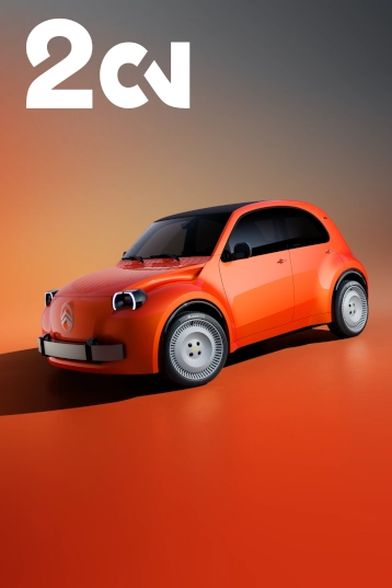 Vista frontal de tres cuartos del Citroën 2CV Concept, que muestra el diseño icónico de un modelo legendario reinterpretado con un enfoque moderno