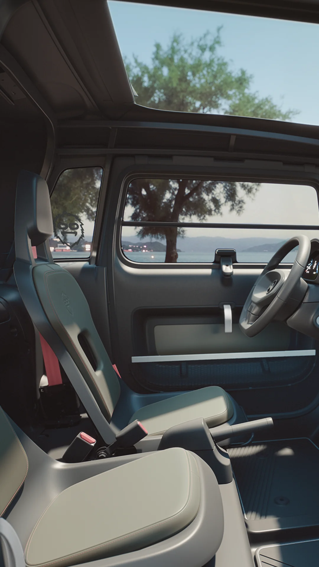 Vista interior del habitáculo abierto del Citroën Ami Outdoor con techo practicable, ideal para aventuras al aire libre.