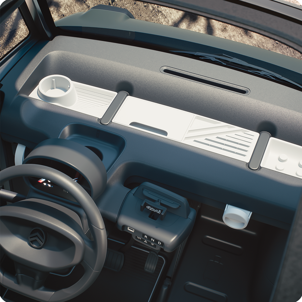 Vista cenital del habitáculo del Citroën Ami Outdoor con techo abierto, diseñado para una movilidad sencilla.