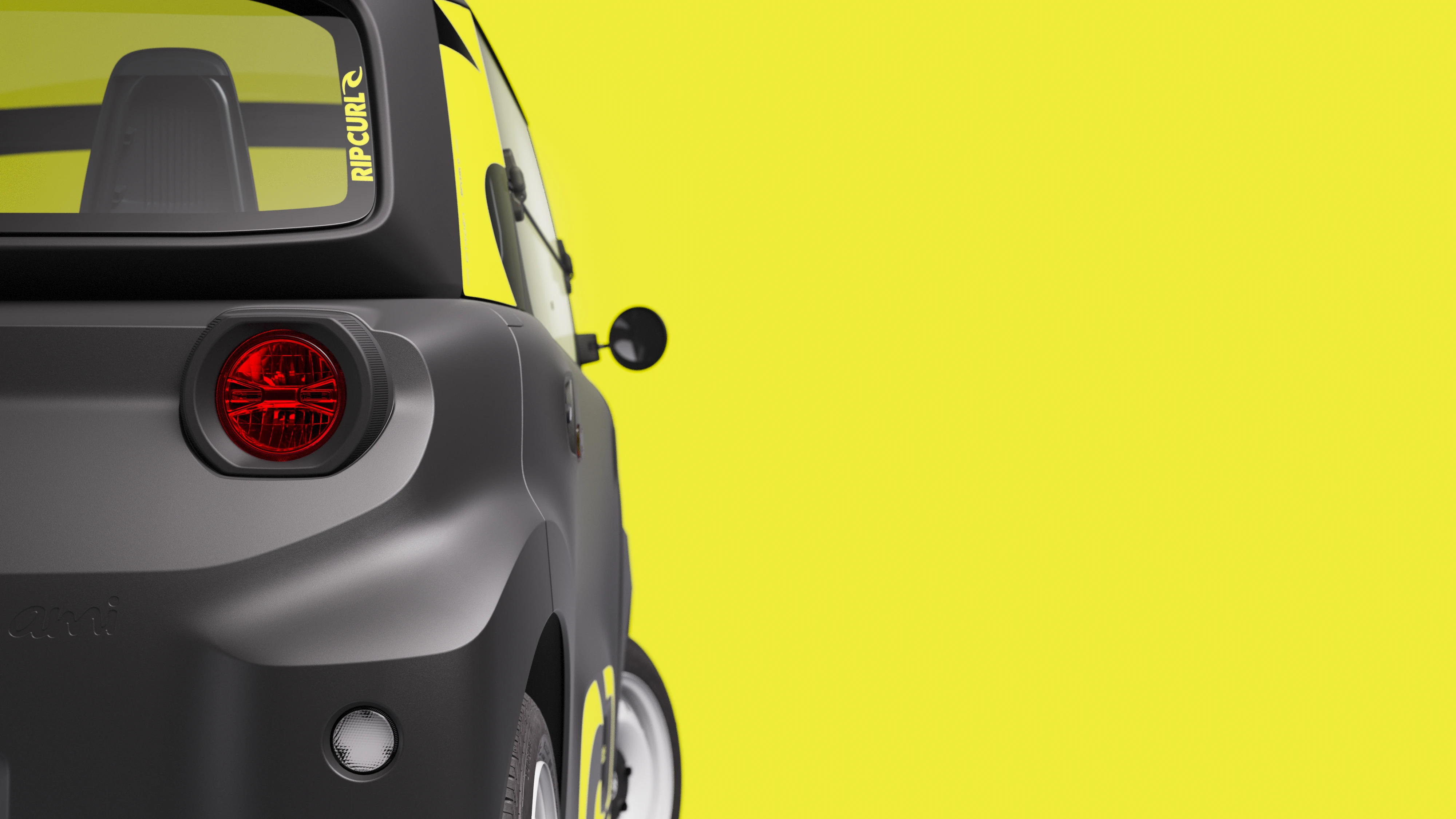 Vista detalle esquina trasera del Citroën Ami x Rip Curl eléctrico sin carné, luz trasera Citroën Ami para coche eléctrico urbano