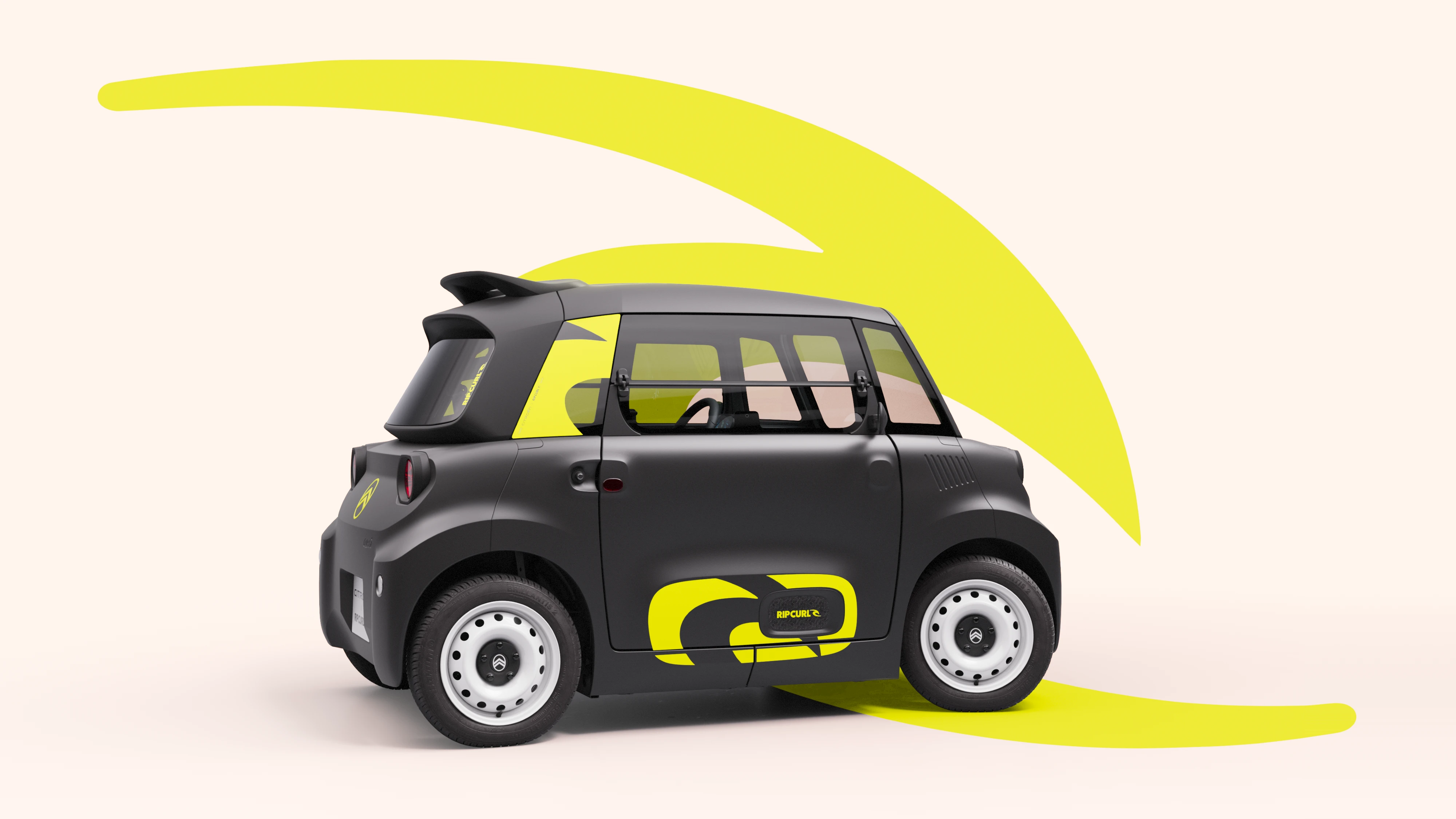 Vista lateral del Citroën Ami x Rip Curl eléctrico sin carné, Citroën Ami compacto para movilidad eléctrica urbana