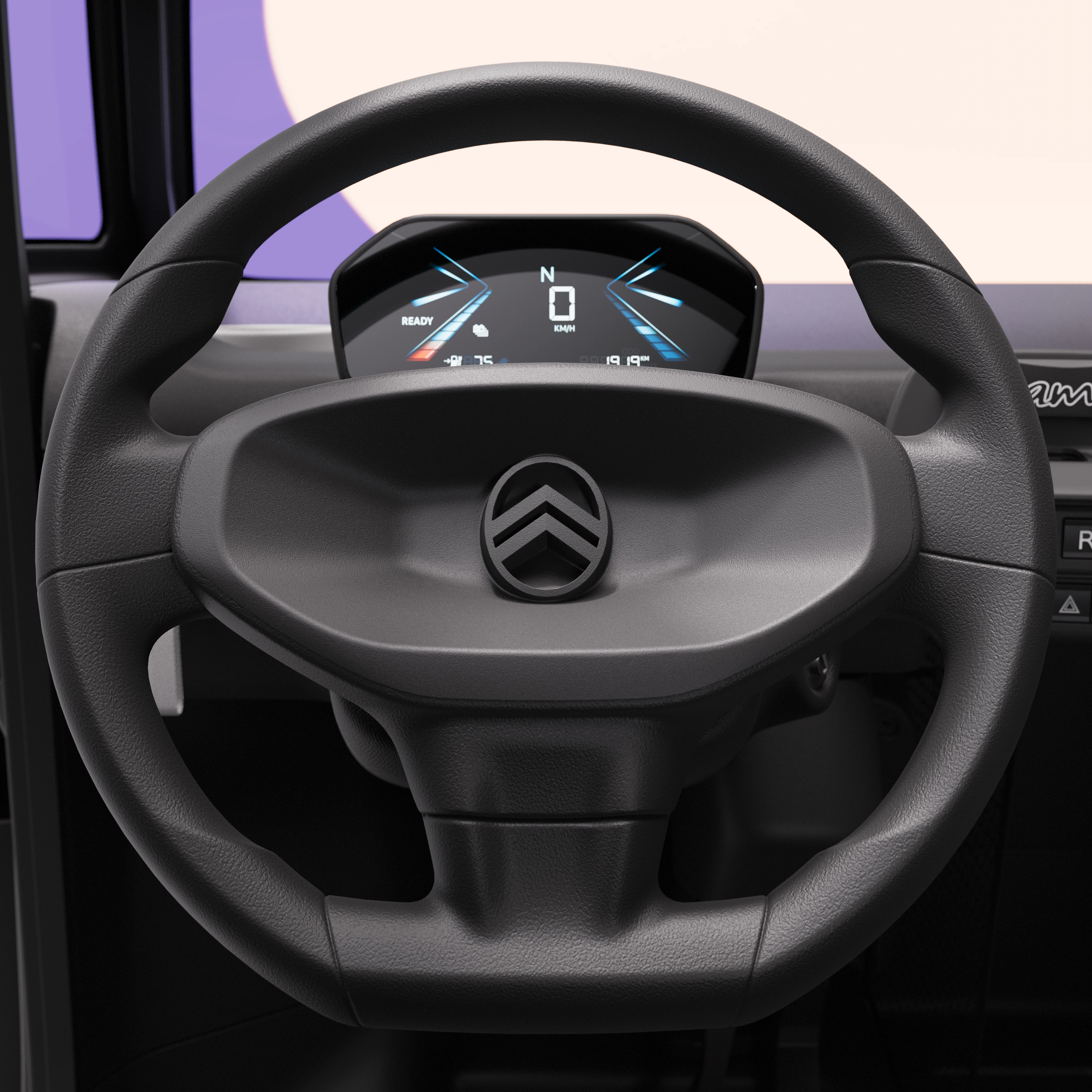 Vista detalle volante del Citroën Ami x Rip Curl eléctrico sin carné, puesto de conducción Citroën Ami para coche eléctrico urbano