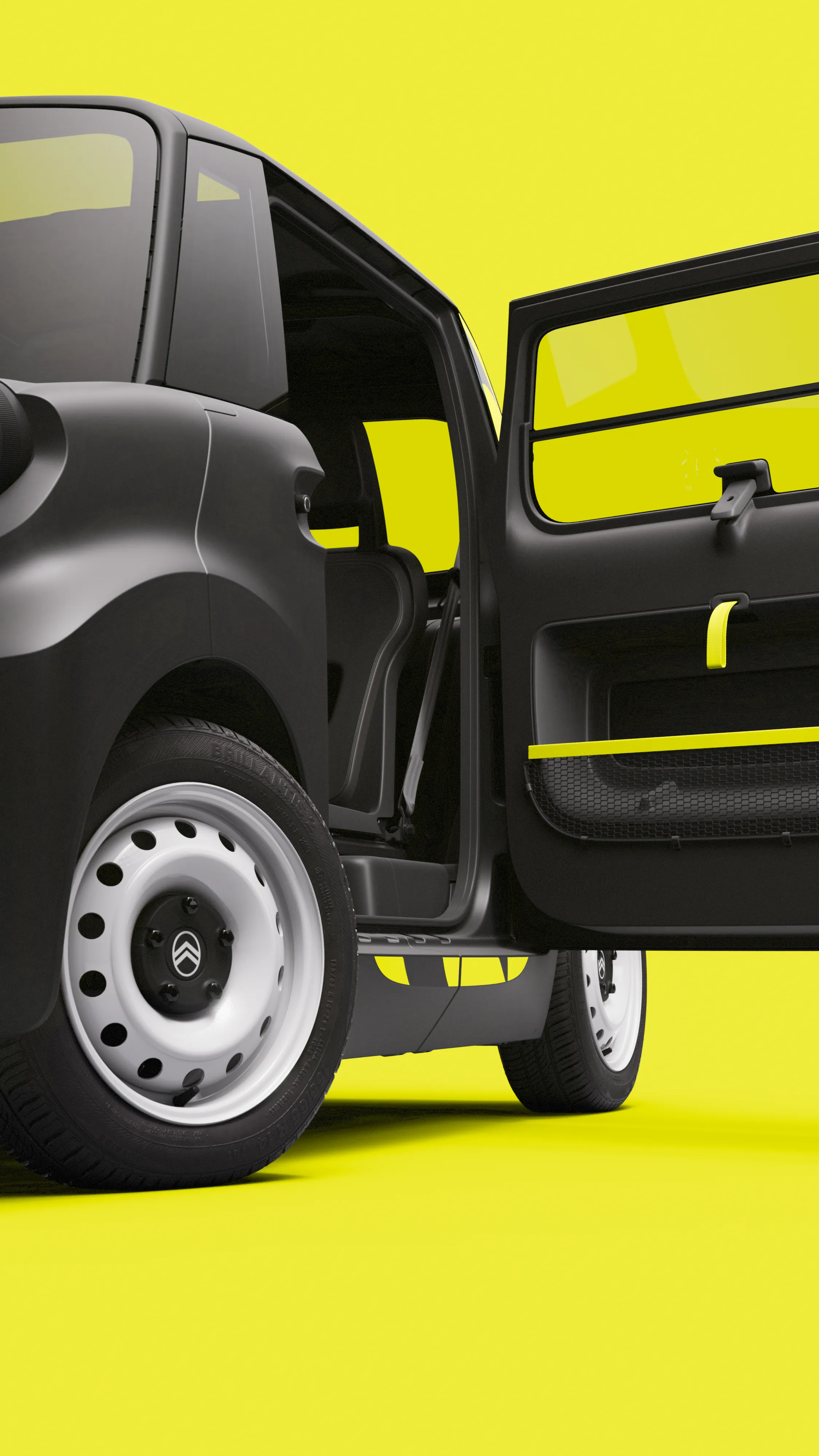 Vista lateral trasera puerta abierta del Citroën Ami x Rip Curl eléctrico sin carné, fácil acceso Citroën Ami para coche eléctrico urbano