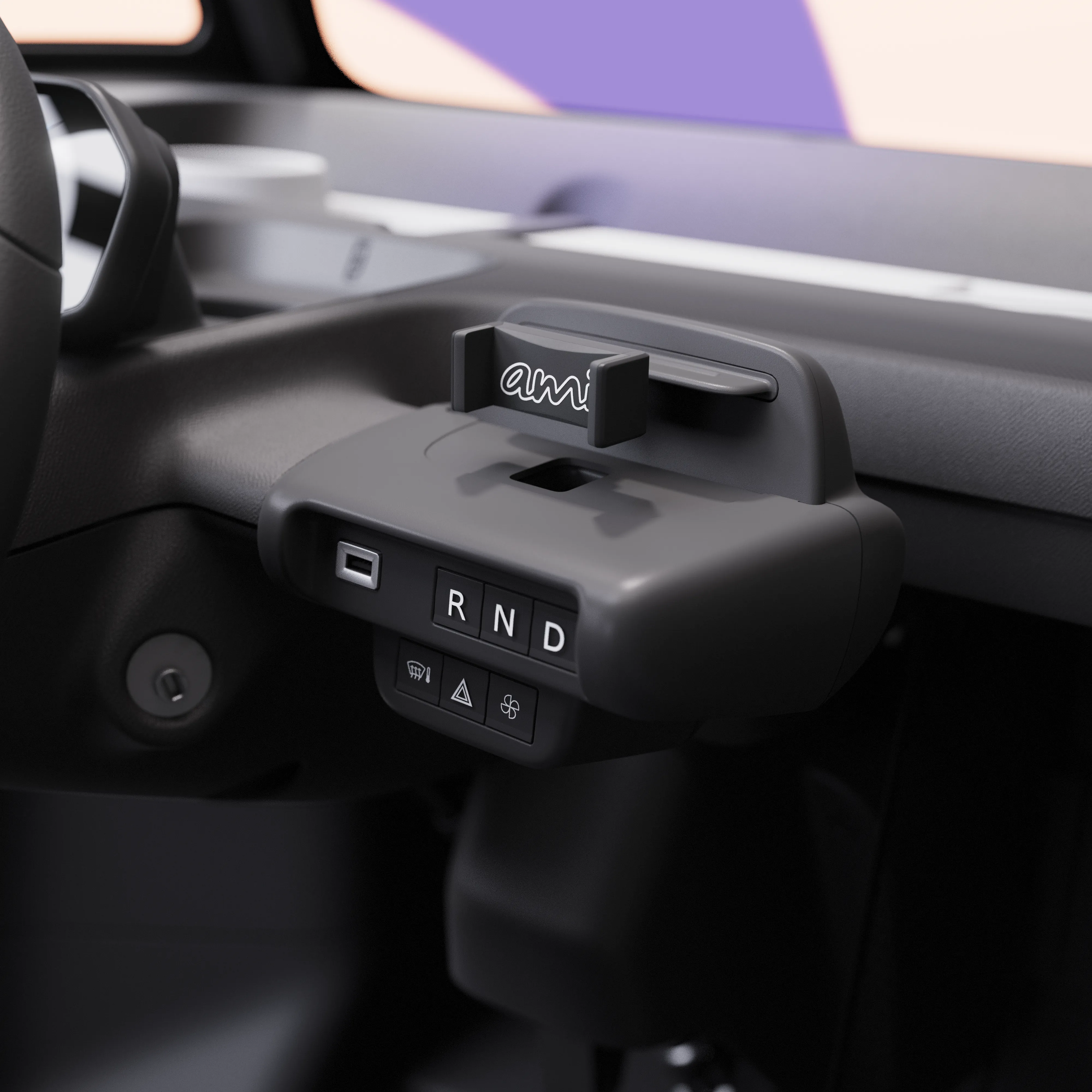 Vista detalle consola central del Citroën Ami x Rip Curl eléctrico sin carné, controles sencillos Citroën Ami para coche eléctrico urbano