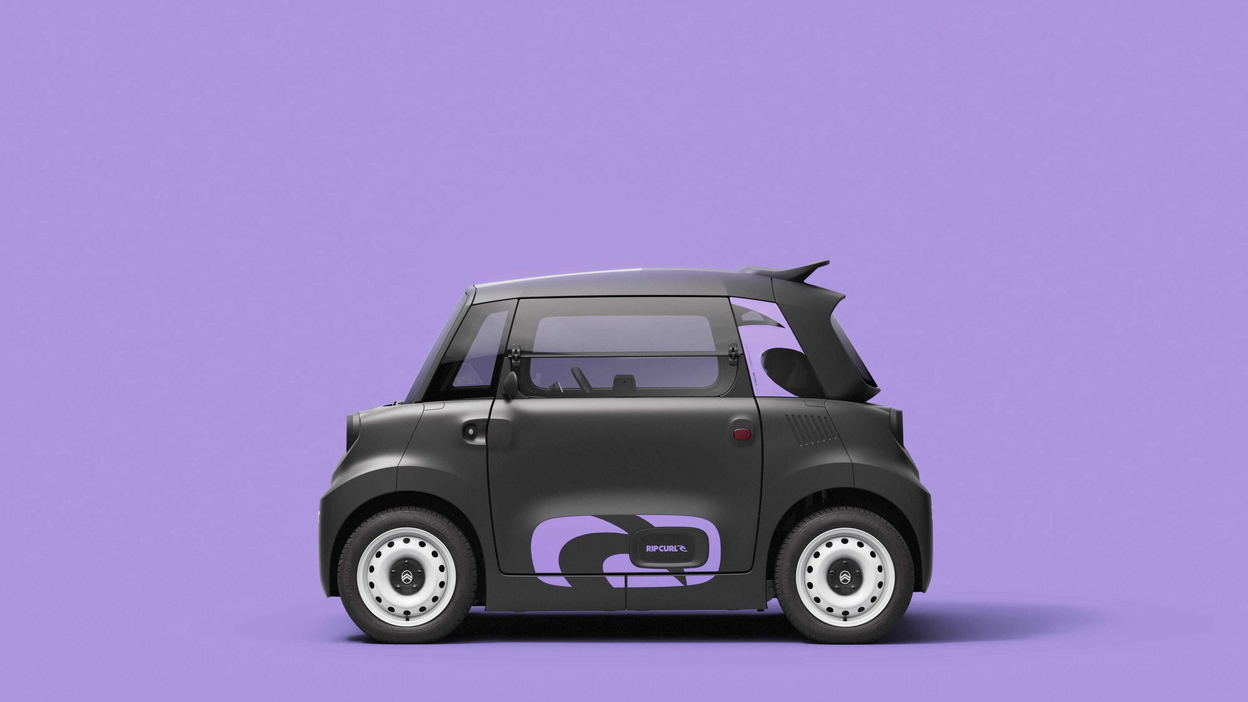 Vista lateral del Citroën Ami x Rip Curl eléctrico sin carné, diseño Citroën Ami compacto para coche eléctrico urbano
