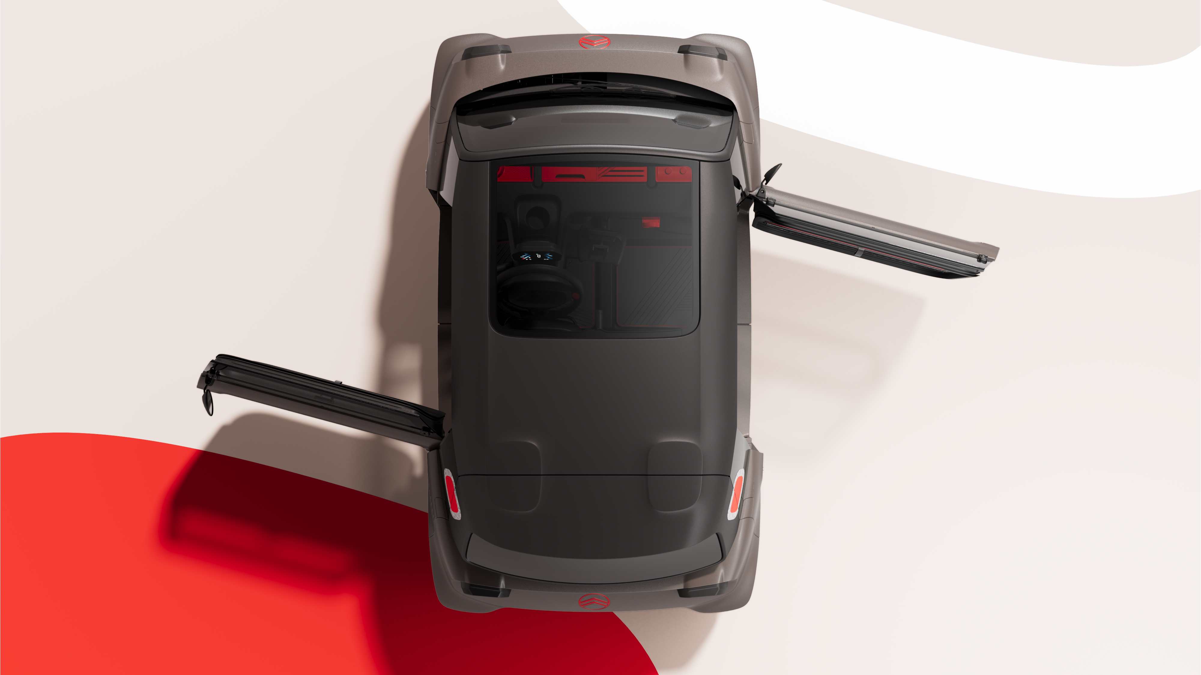 Top view Citroën Ami with open doors shows compact safe reliable electric design enabling agile urban freedom