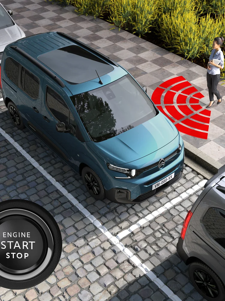 Vista cenital del Kiama Blue ë-Berlingo con acceso sin llave mostrando seguridad, tecnología, confort y con confianza sin esfuerzo acceso