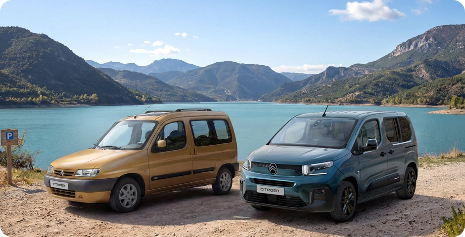 Vista frontal del Citroën Berlingo 30 edición limitada MPV con el modelo original Berlingo destacando herencia y versatilidad, alternativa familiar inteligente
