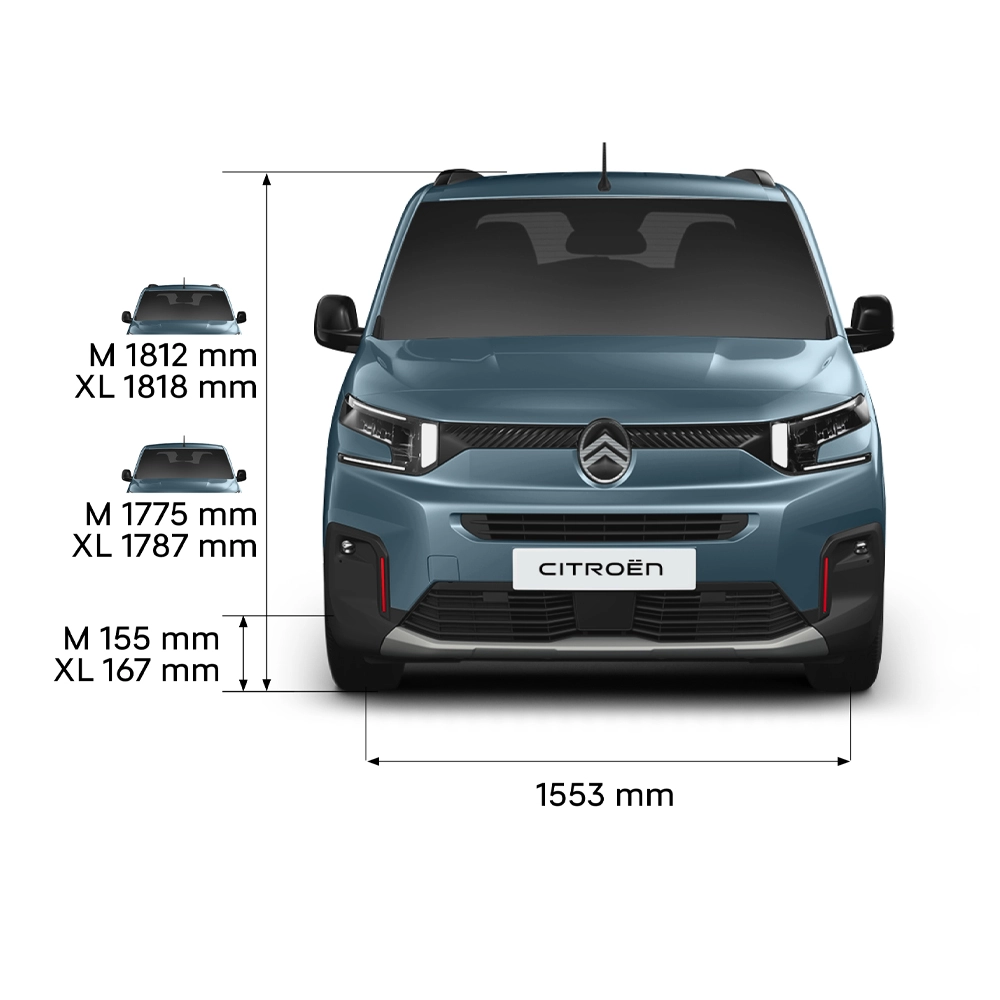 Dimensiones técnicas del Berlingo mostrando vistas frontal, lateral, trasera y cenital con medidas clave y configuraciones de asientos