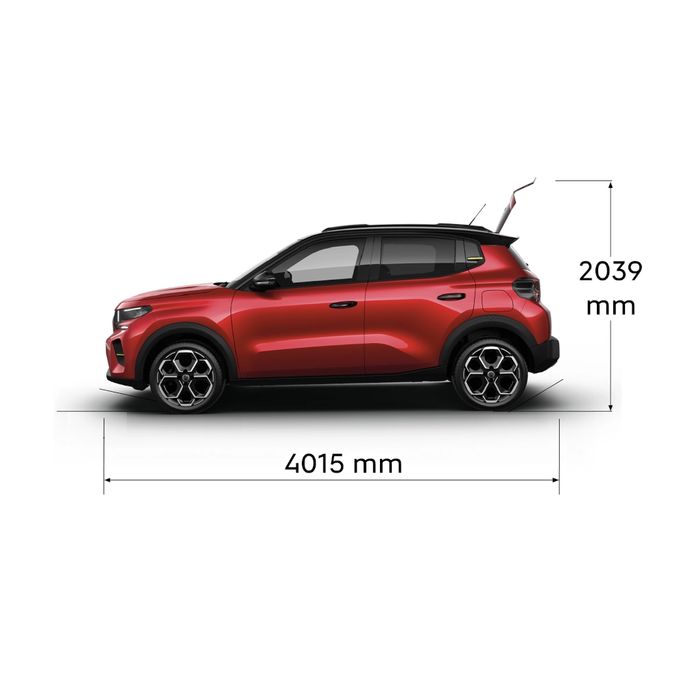 Multi‑angle view of Citroën ë‑C3 electric SUV showing full exterior dimensions for practical, spacious and affordable everyday mobility.