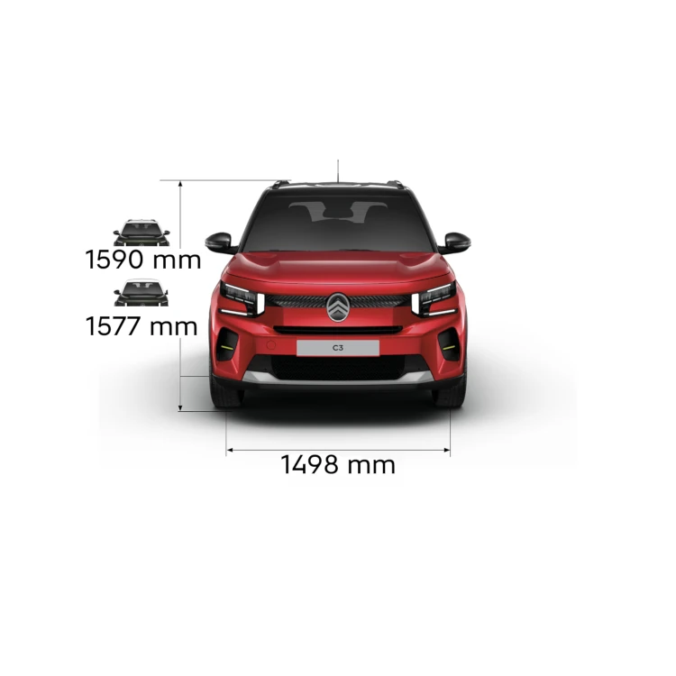 Multi‑angle view of Citroën ë‑C3 electric SUV showing full exterior dimensions for practical, spacious and affordable everyday mobility.