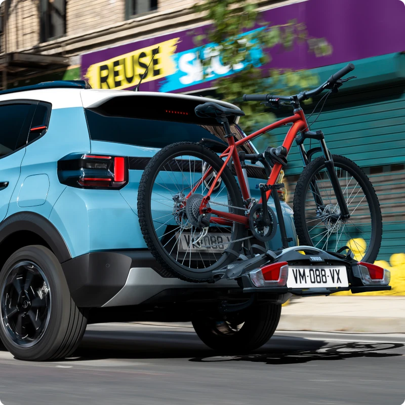 Rear view of Citroën C3 with towbar bicycle carrier showing easy transport of bikes for convenient, versatile and active everyday mobility.