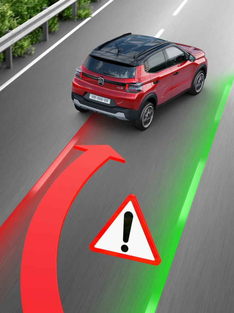 Vista trasera en movimiento del Citroën C3 SUV mostrando el asistente de mantenimiento de carril para una movilidad diaria más segura, con confianza y asequible.