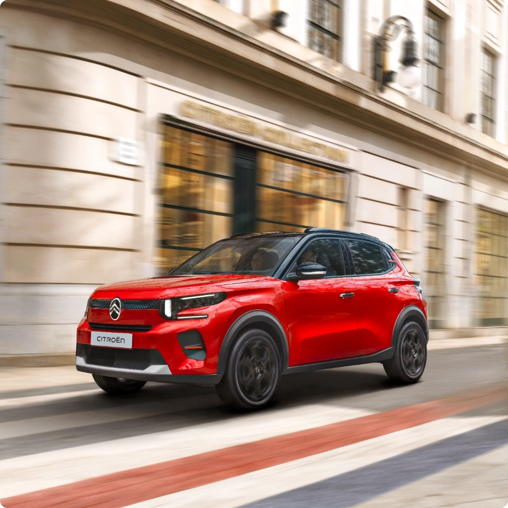 Side driving view of Citroën C3 Hybrid compact SUV highlighting smooth electric‑assisted efficiency for versatile, confident and affordable mobility.