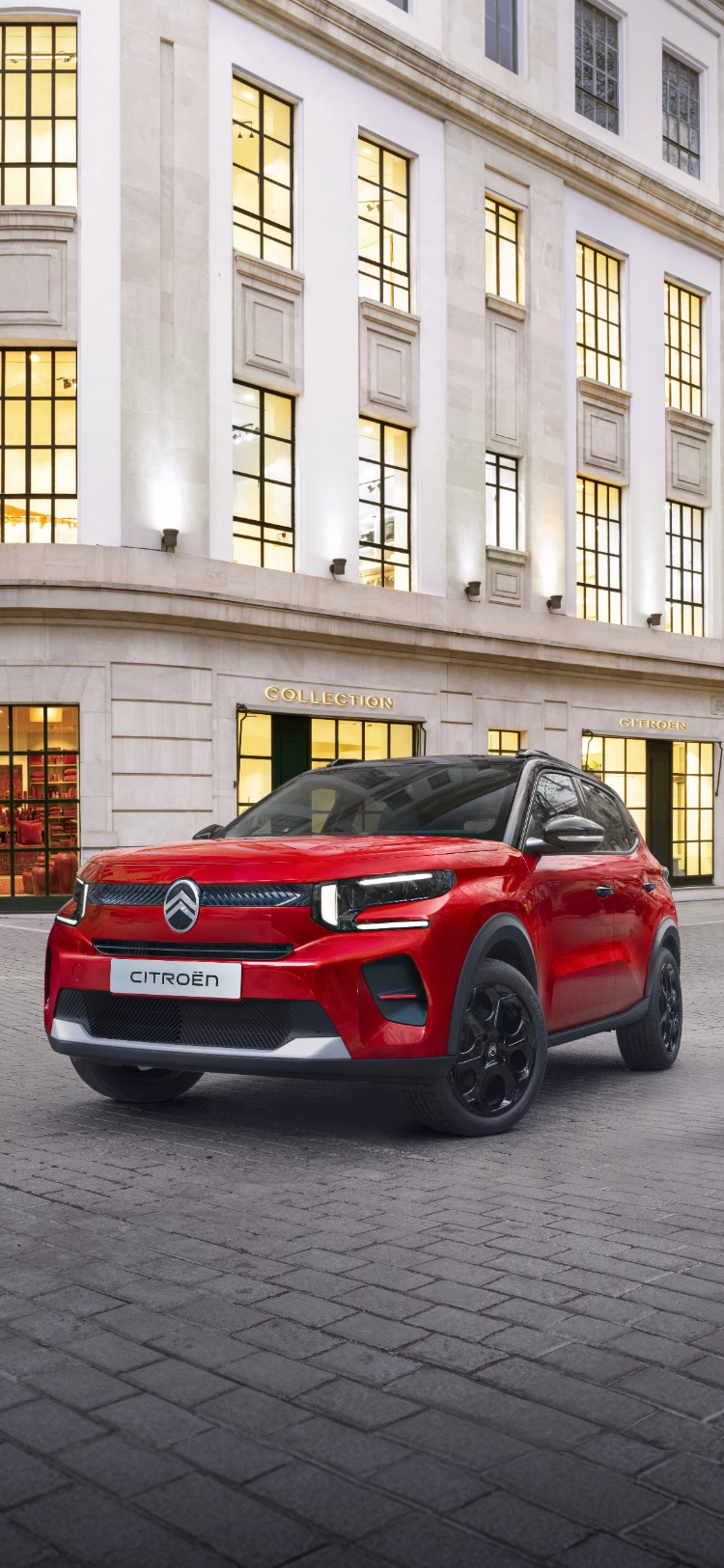 Vista frontal tres cuartos del Citroën ë‑C3 SUV eléctrico destacando un diseño exterior atrevido para una movilidad urbana con confianza, eficiente y asequible.
