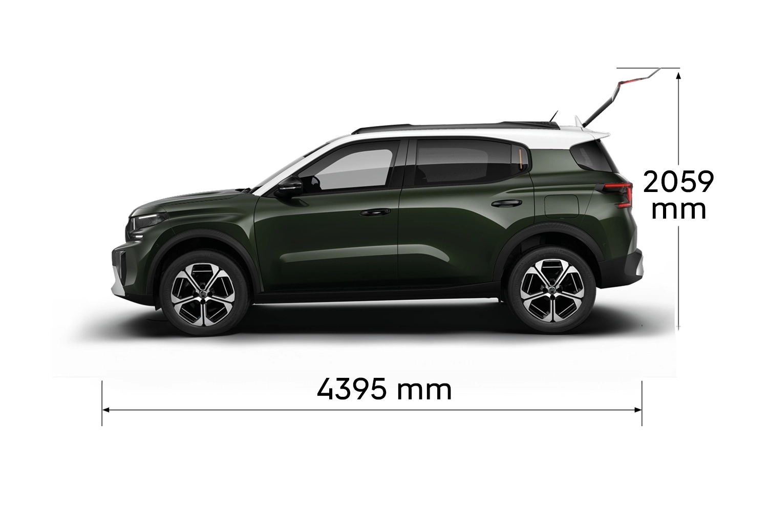 Vista multiángulo del Citroën C3 Aircross SUV mostrando dimensiones exteriores completas y capacidades de volumen interior para una movilidad práctica.