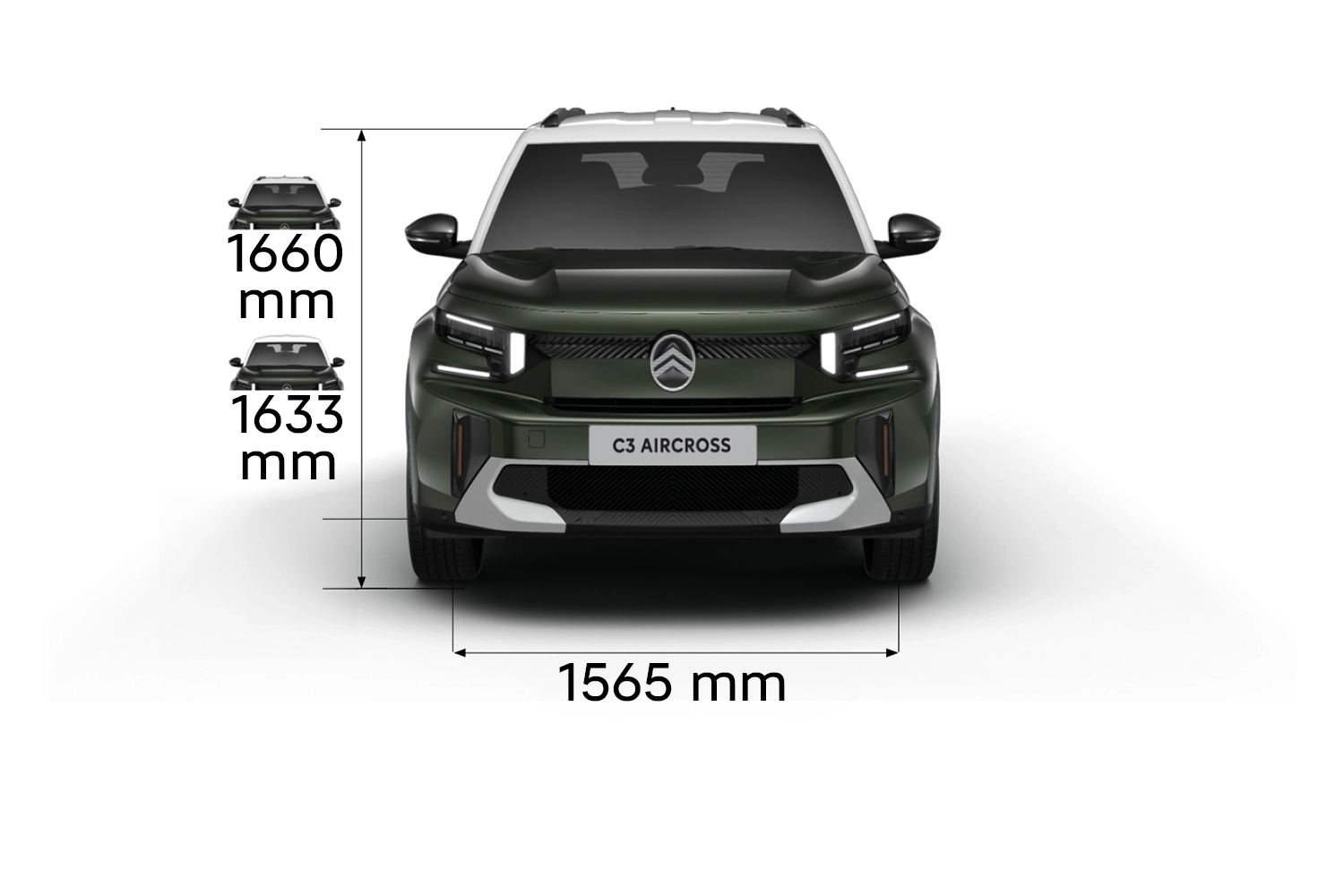 Multi‑angle view of Citroën C3 Aircross SUV showing full exterior dimensions and interior volumes for practical, affordable mobility.
