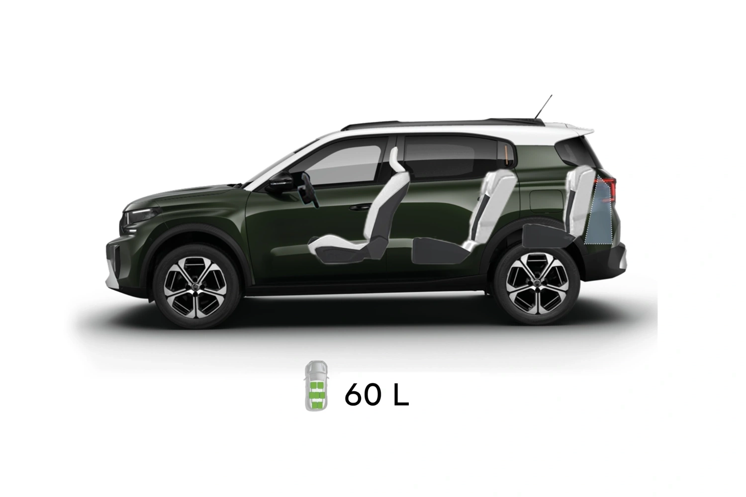 Multi‑angle view of Citroën C3 Aircross SUV showing full exterior dimensions and interior volumes for practical, affordable mobility.