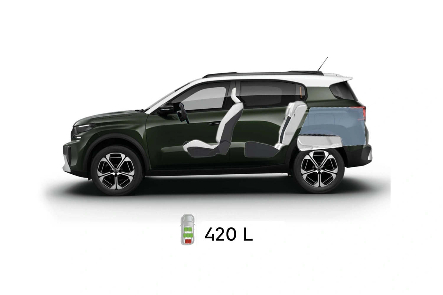 Multi‑angle view of Citroën C3 Aircross SUV showing full exterior dimensions and interior volumes for practical, affordable mobility.
