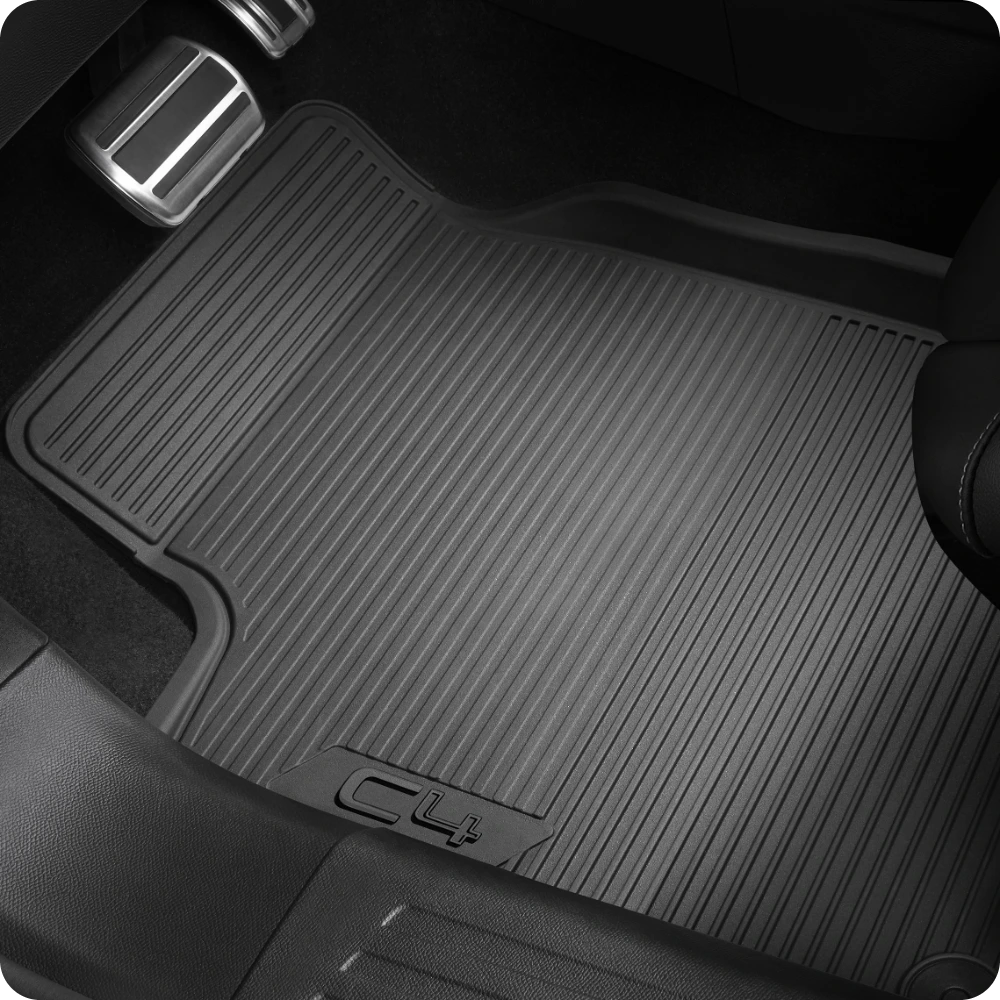 Close‑up view of C3 all‑weather mats showing textured rubber surface for protective, durable and easy‑maintenance interior use.