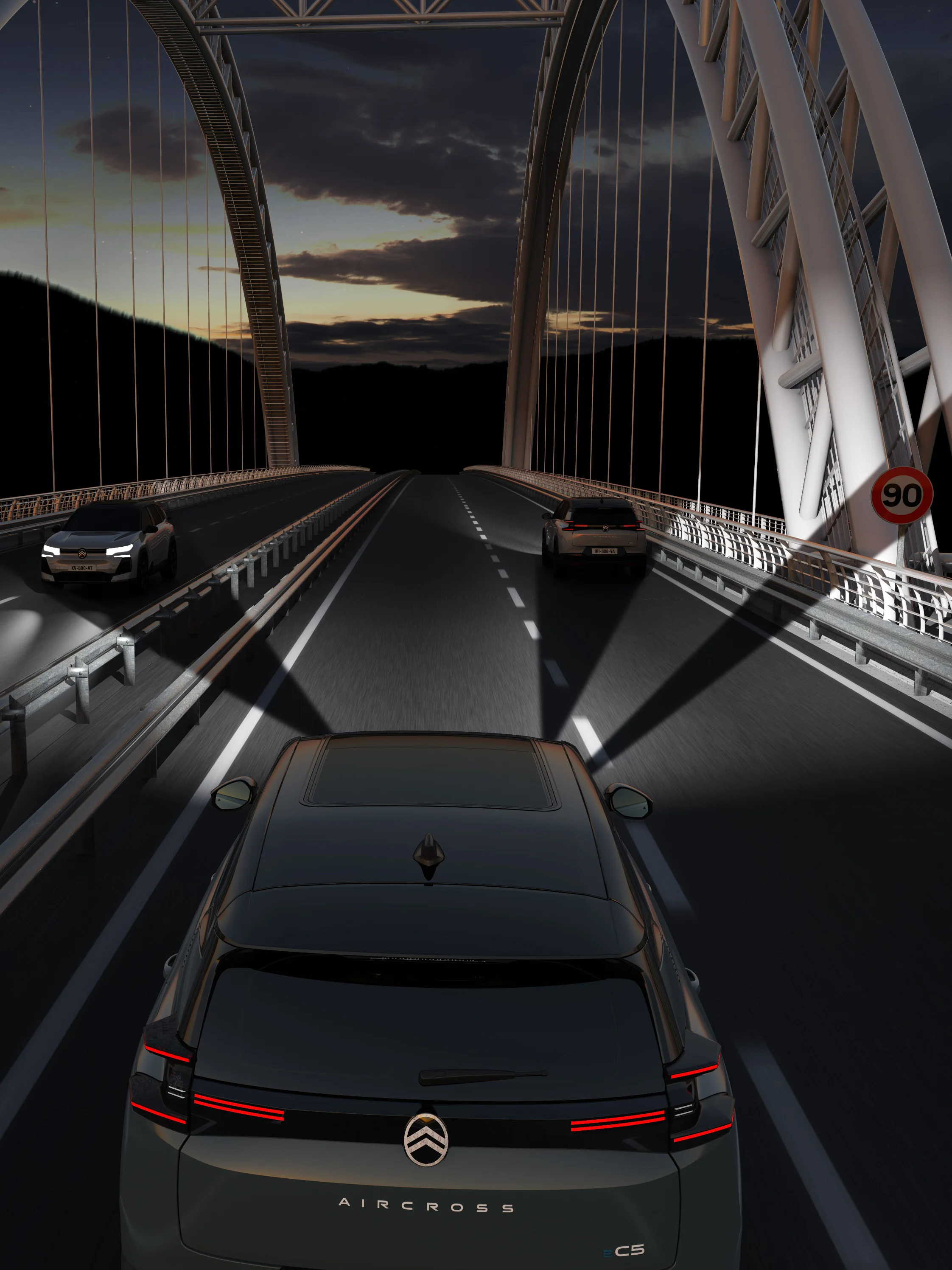Vista trasera del C5 Aircross destacando faros Matrix LED, visibilidad, seguridad y tecnología para una conducción nocturna serena.