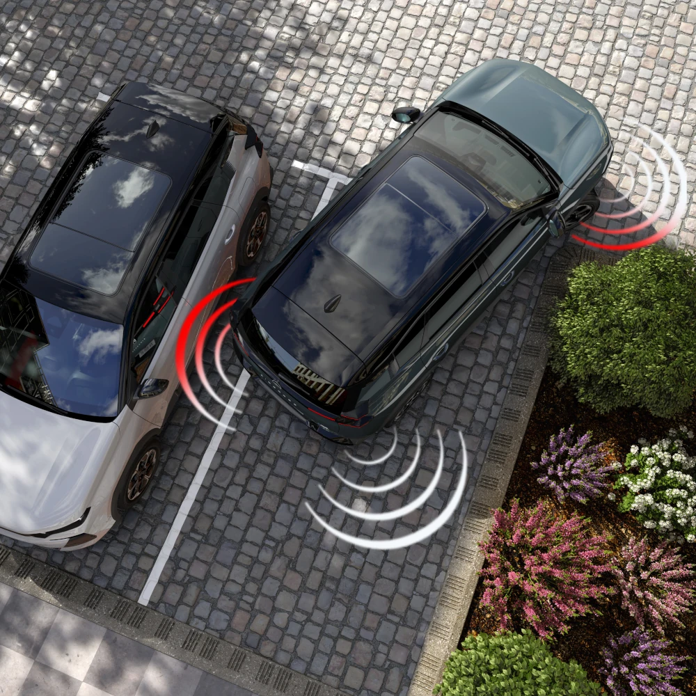 Vista cenital del C5 Aircross con sensores delanteros y traseros mejorando visibilidad, seguridad, tecnología y confianza de maniobra premium.