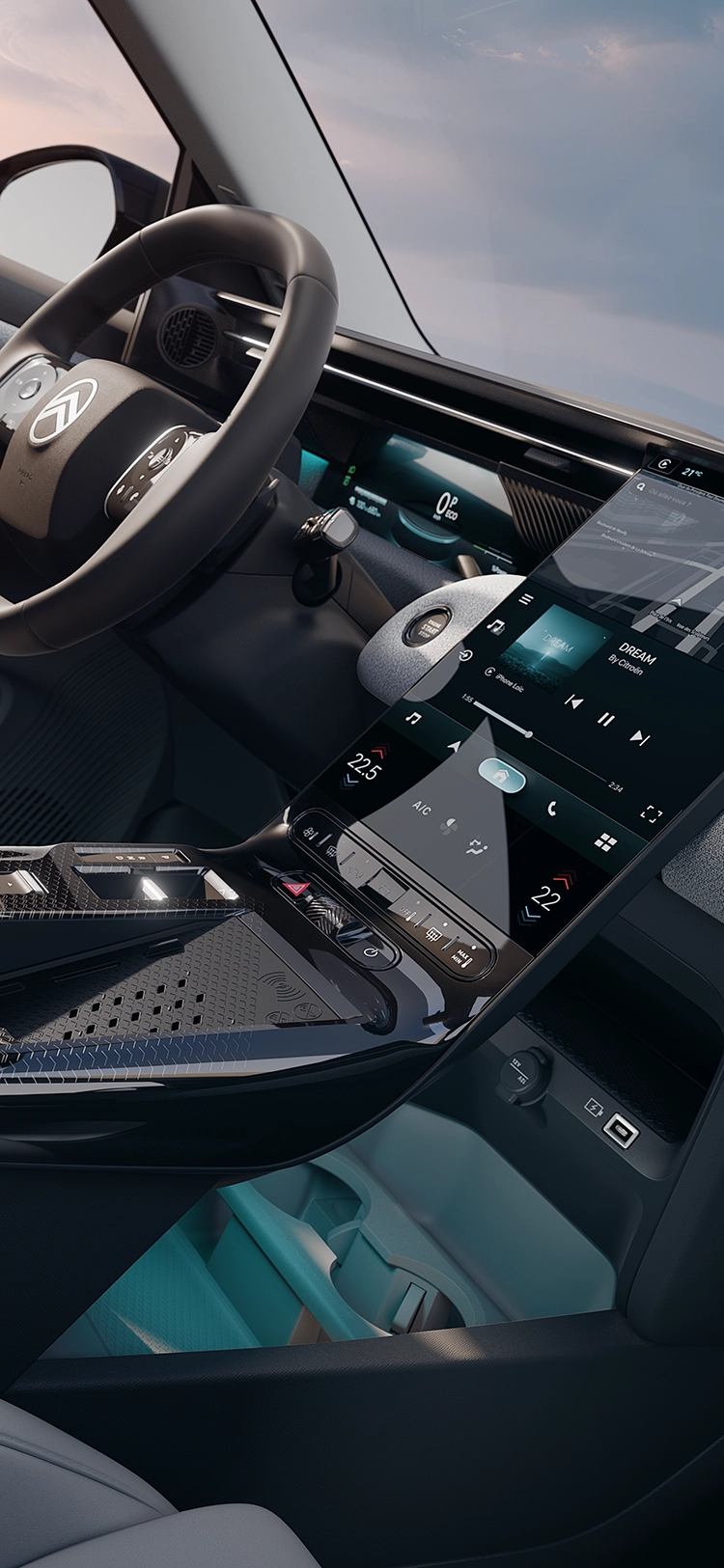 Detalle del puesto de conducción interior del Citroën ë-C5 Aircross Emeraude muestra la pantalla en cascada Citroën con navegación 3D y conectividad, comodidad conectada de un SUV familiar