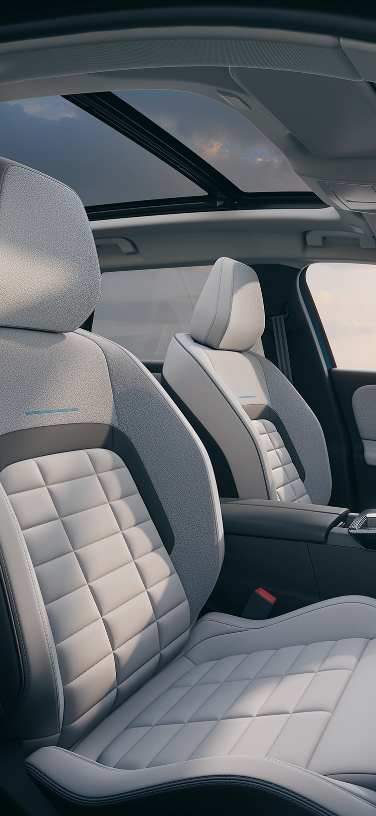 Vista lateral del interior del Citroën ë-C5 Aircross Emeraude muestra los asientos Citroën Advanced Comfort, funcionalidad de un SUV familiar espacioso