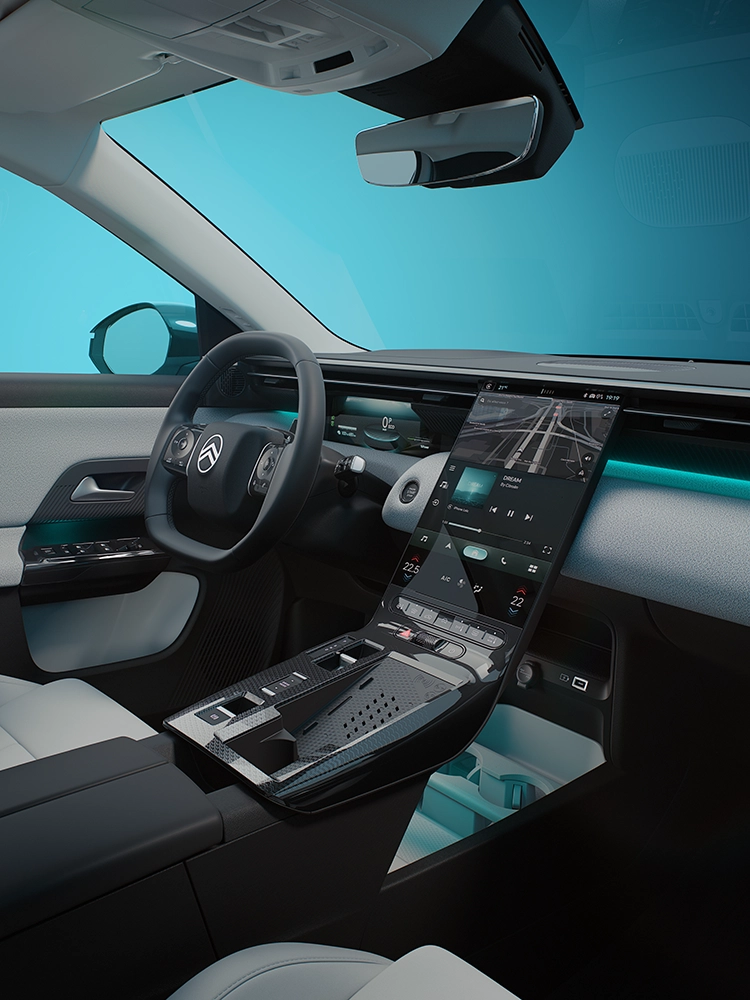 Vista interior desde el lado del conductor del Citroën C5 Aircross Emeraude muestra la pantalla en cascada y el puesto de conducción del C5 Aircross, comodidad conectada de un SUV familiar