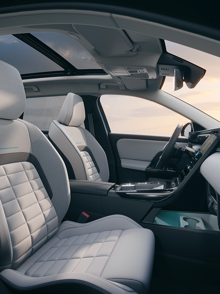 Vista interior de los asientos delanteros del Citroën C5 Aircross Emeraude muestra los asientos Citroën Advanced Comfort, confort y espacio de SUV familiar