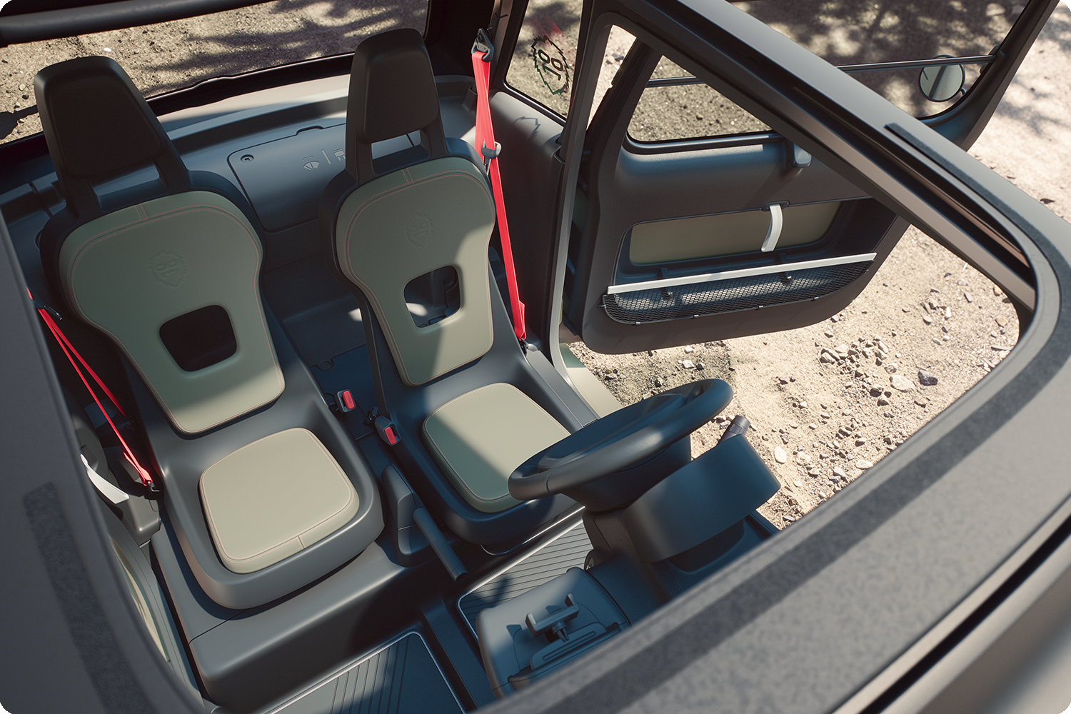 Vista cenital del interior del Citroën Ami Outdoor, con un habitáculo compacto, eléctrico y accesible y asientos innovadores para tus desplazamientos diarios.