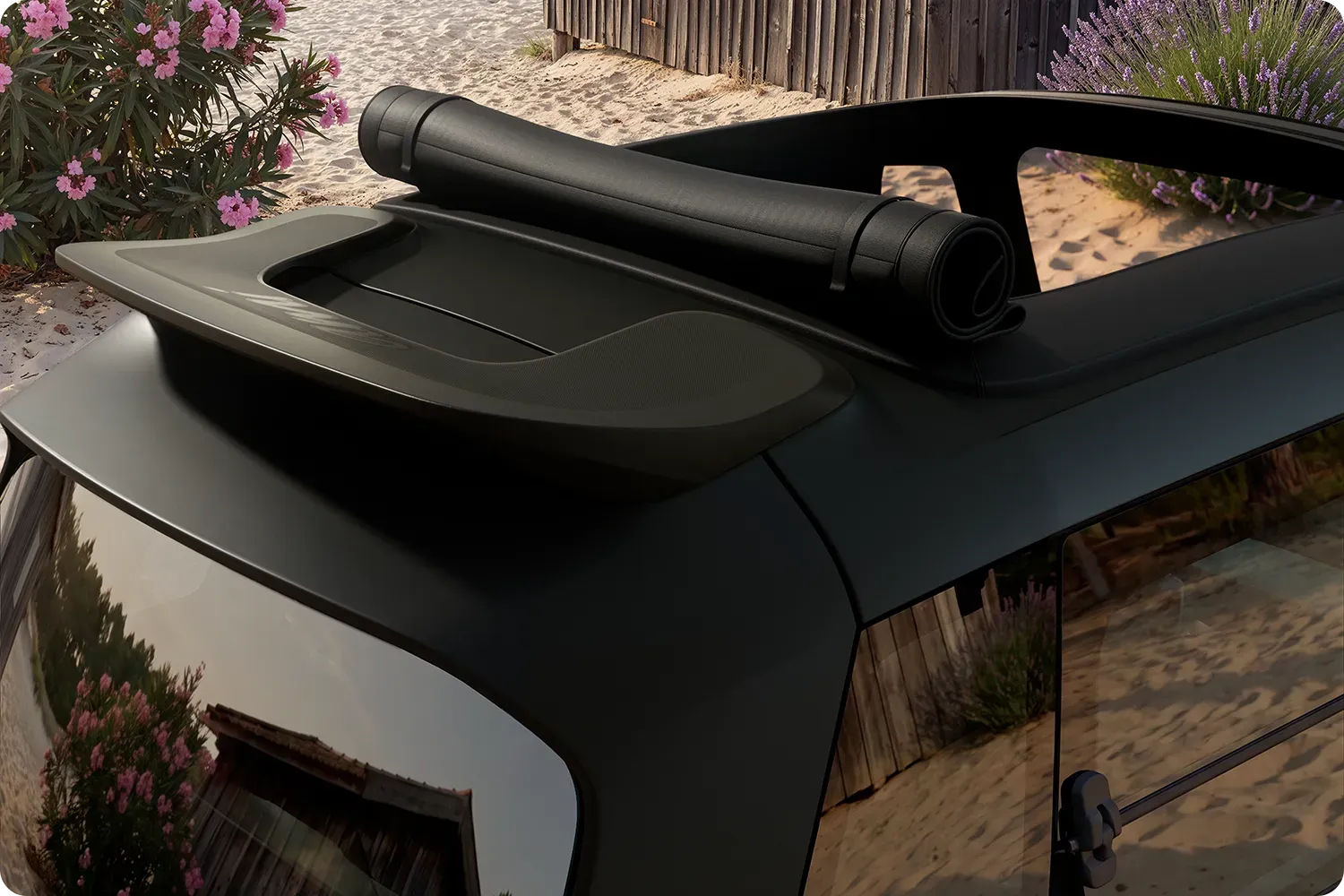 Primer plano de las barras de techo del Citroën Ami Outdoor, con un diseño compacto, eléctrico y accesible y una innovadora solución de almacenamiento para tus aventuras al aire libre.