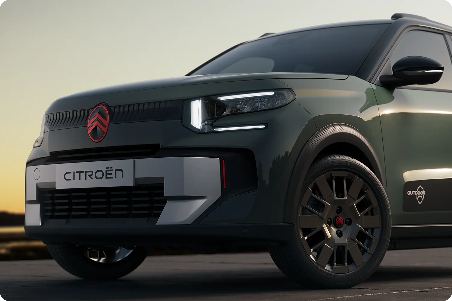 Primer plano de la rueda delantera del Citroën C3 Outdoor, con un diseño robusto, versátil y cómodo y un estilo innovador para tus trayectos diarios.