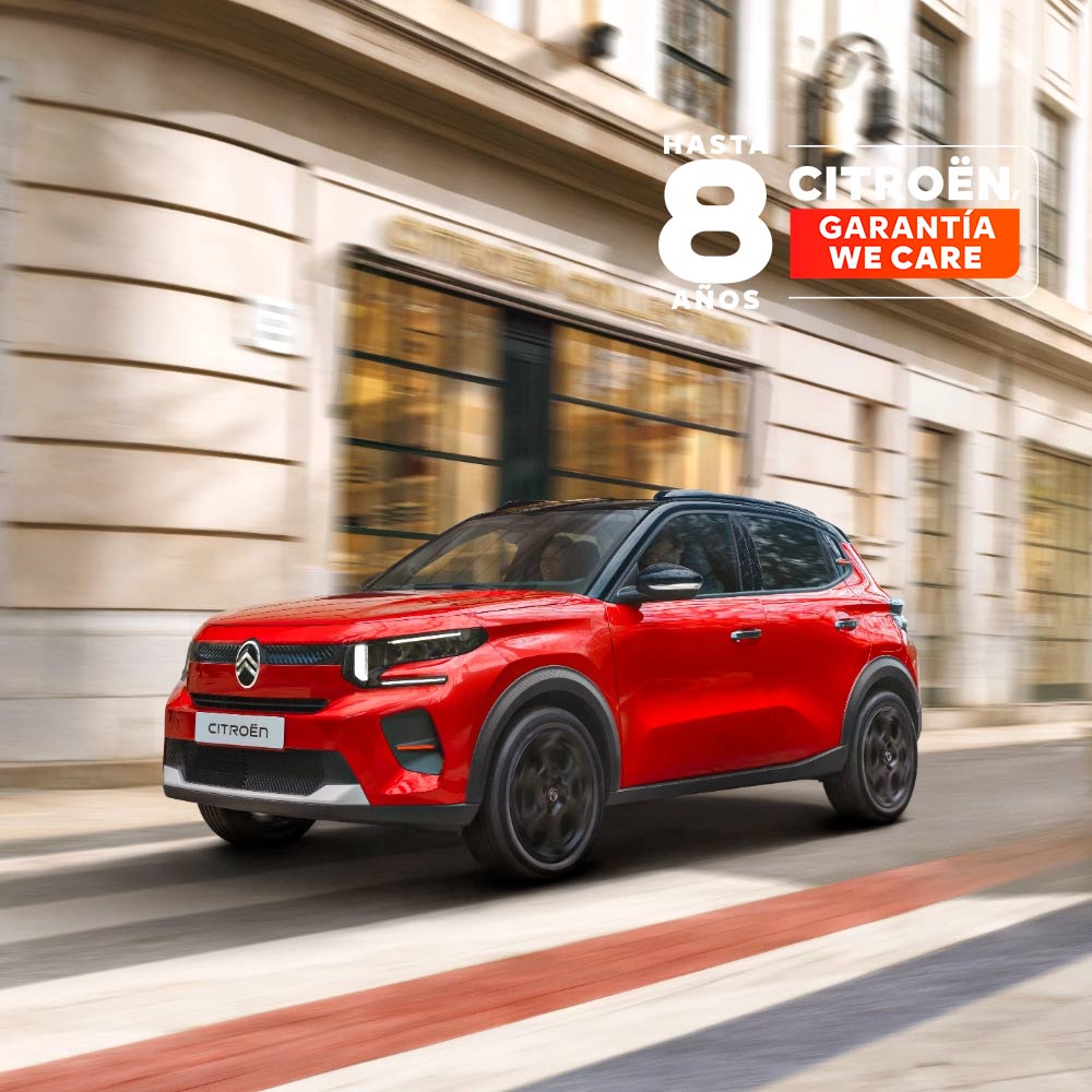 Vista frontal tres cuartos del Citroën ë-C3 SUV eléctrico mostrando un diseño aerodinámico para una movilidad urbana confortable y asequible.